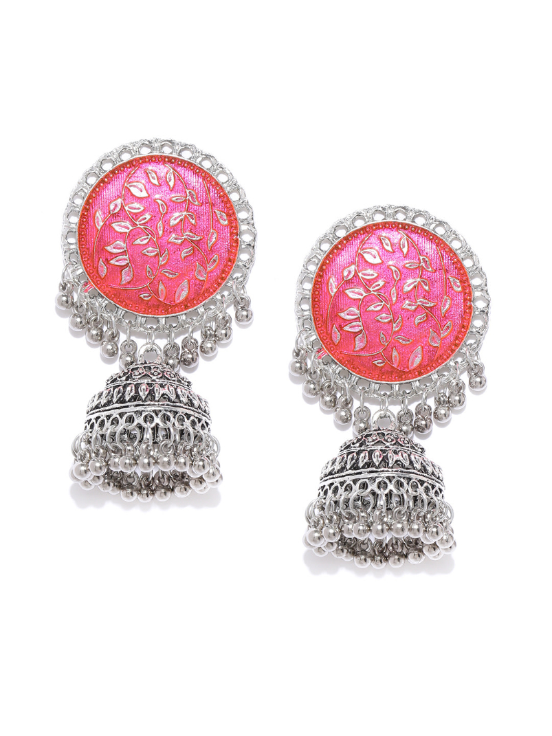 YouBella Pink Silver-Plated Enamelled Dome-Shaped Jhumkas