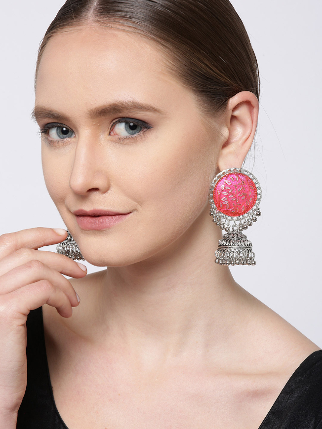 YouBella Pink Silver-Plated Enamelled Dome-Shaped Jhumkas