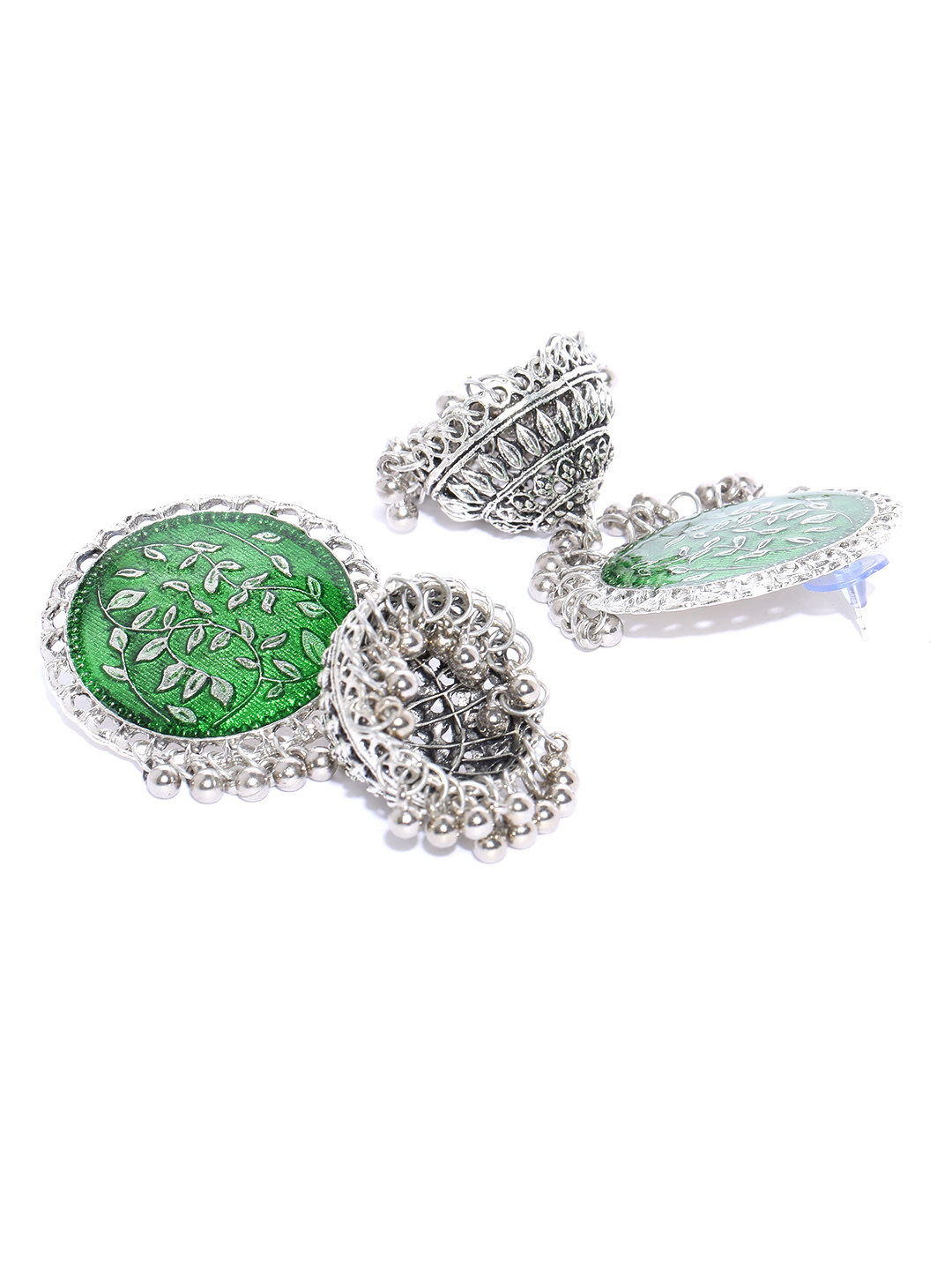 YouBella Oxidised Green Silver-Plated Enamelled Dome Shaped Jhumkas
