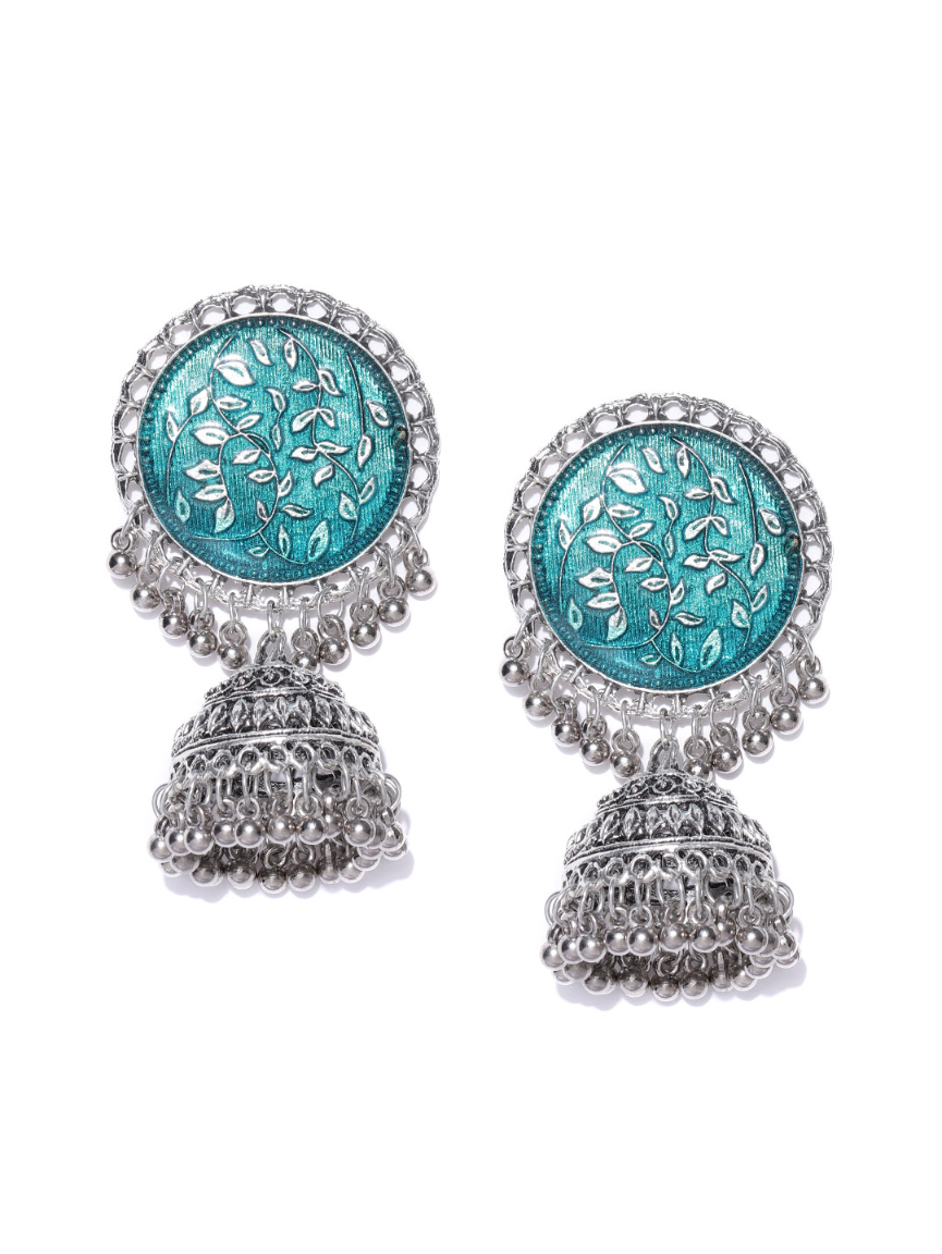 YouBella Blue  Silver-Plated Enamelled Dome-Shaped Jhumkas