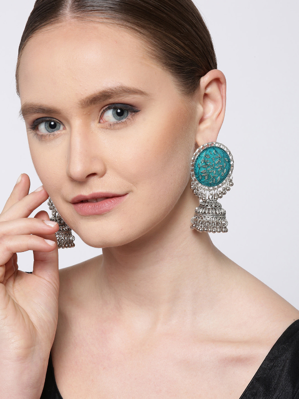 YouBella Blue  Silver-Plated Enamelled Dome-Shaped Jhumkas