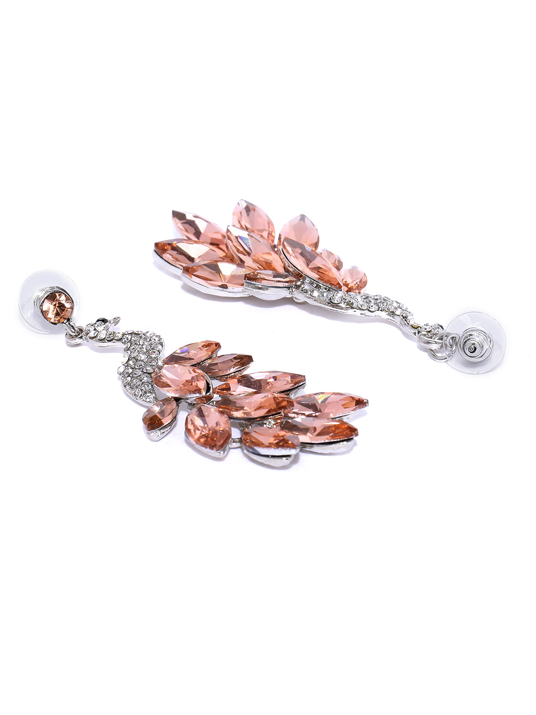 YouBella Peach-Coloured  Silver-Toned Stone-Studded Peacock-Shaped Drop Earrings