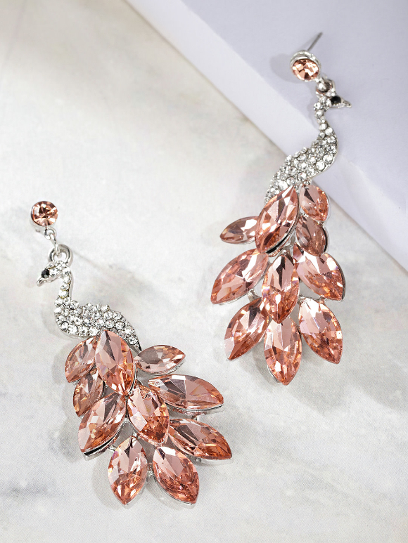 YouBella Peach-Coloured  Silver-Toned Stone-Studded Peacock-Shaped Drop Earrings