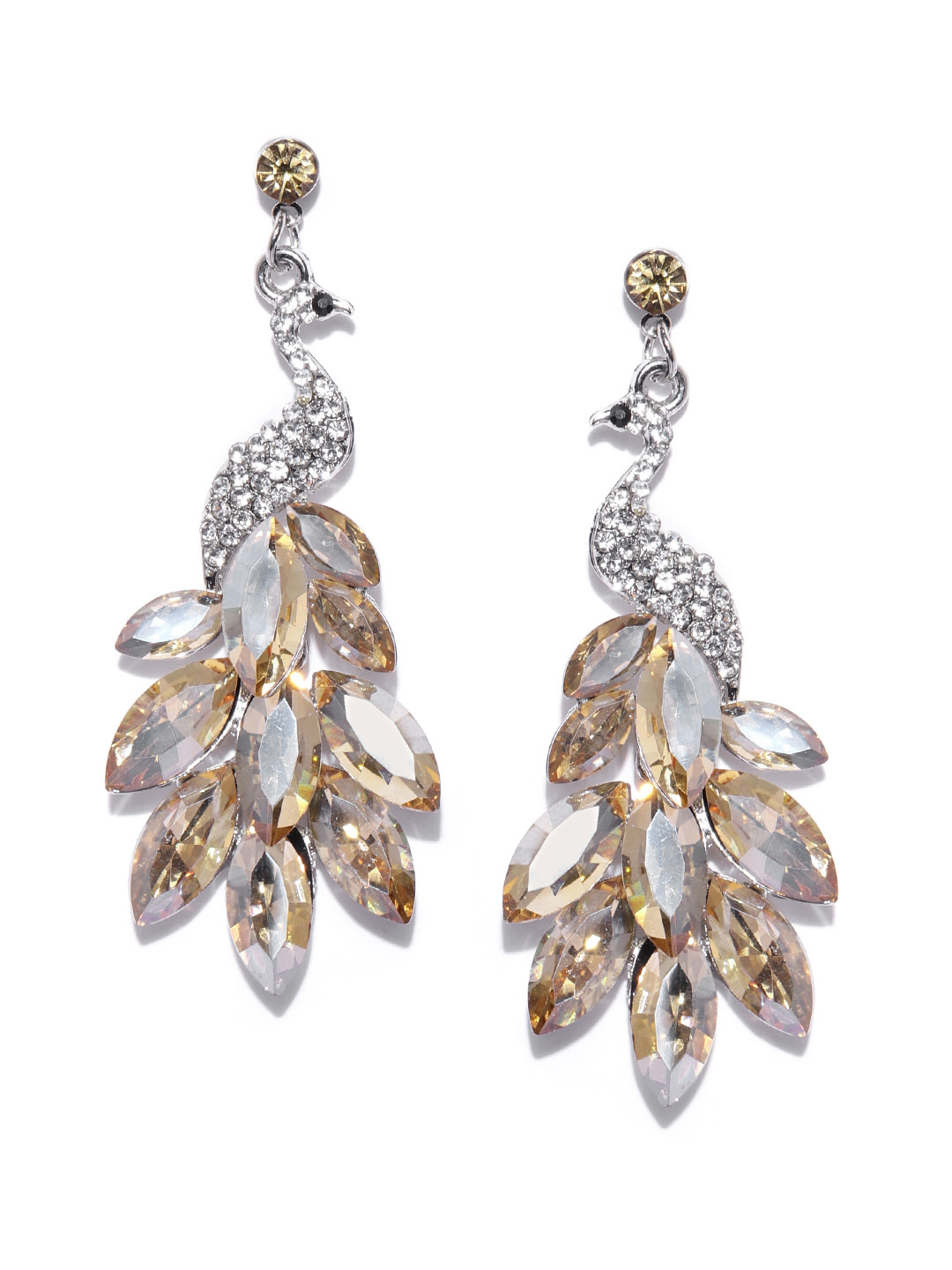 YouBella Beige  Silver-Toned Stone Studded Peacock Shaped Drop Earrings