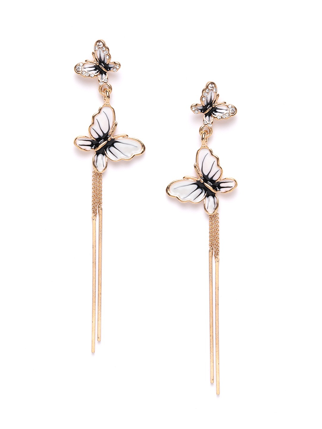 YouBella White  Black Gold-Plated Stone-Studded Enamelled Butterfly-Shaped Drop Earrings
