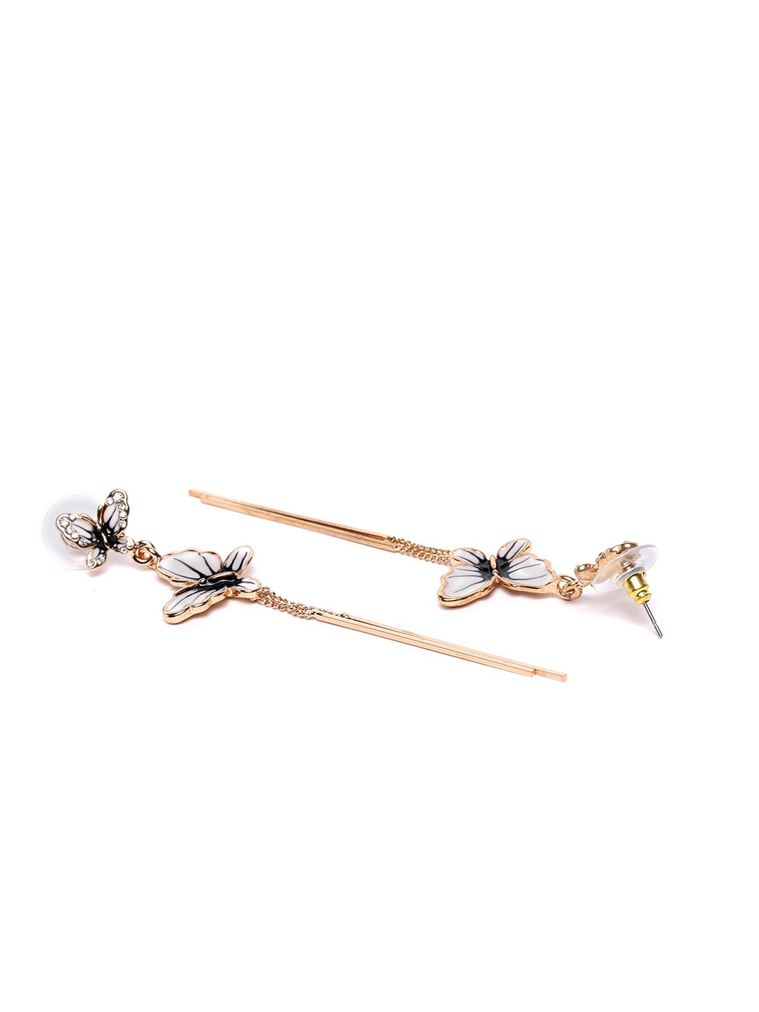 YouBella White  Black Gold-Plated Stone-Studded Enamelled Butterfly-Shaped Drop Earrings