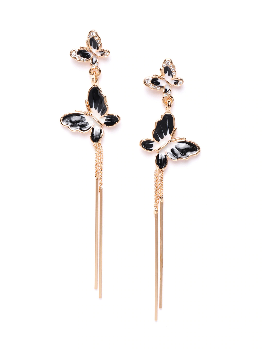 YouBella Black  White Gold-Plated Stone Studded Butterfly Shaped Tasselled Drop Earrings