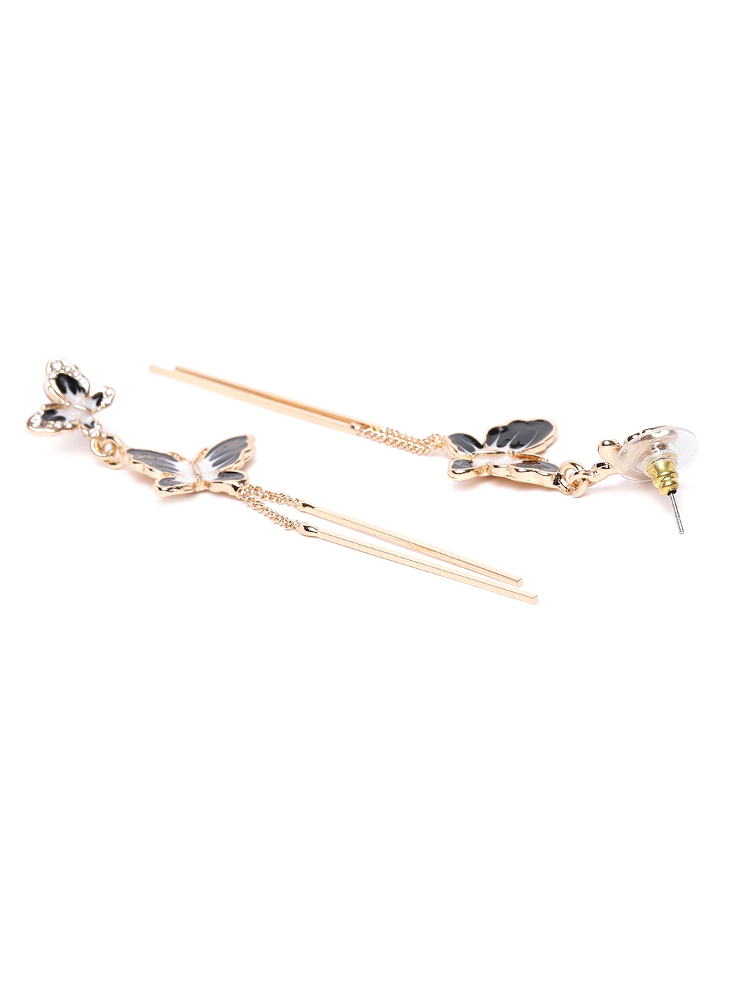YouBella Black  White Gold-Plated Stone Studded Butterfly Shaped Tasselled Drop Earrings