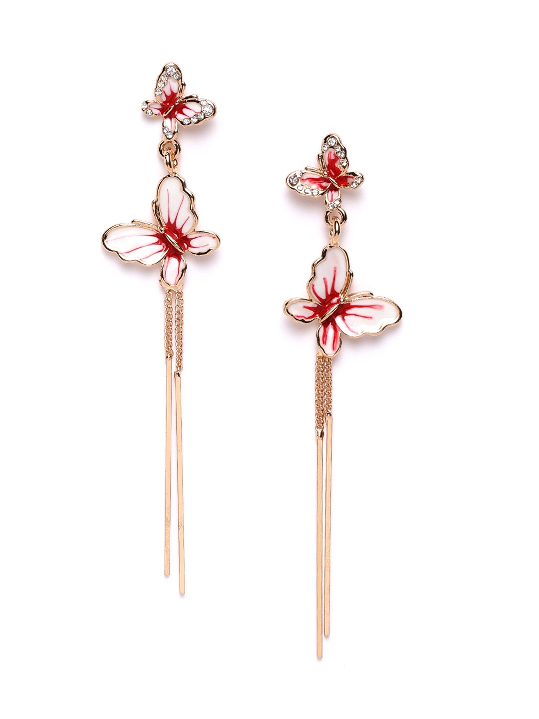 YouBella White  Red Gold-Plated Stone-Studded Enamelled Butterfly-Shaped Drop Earrings