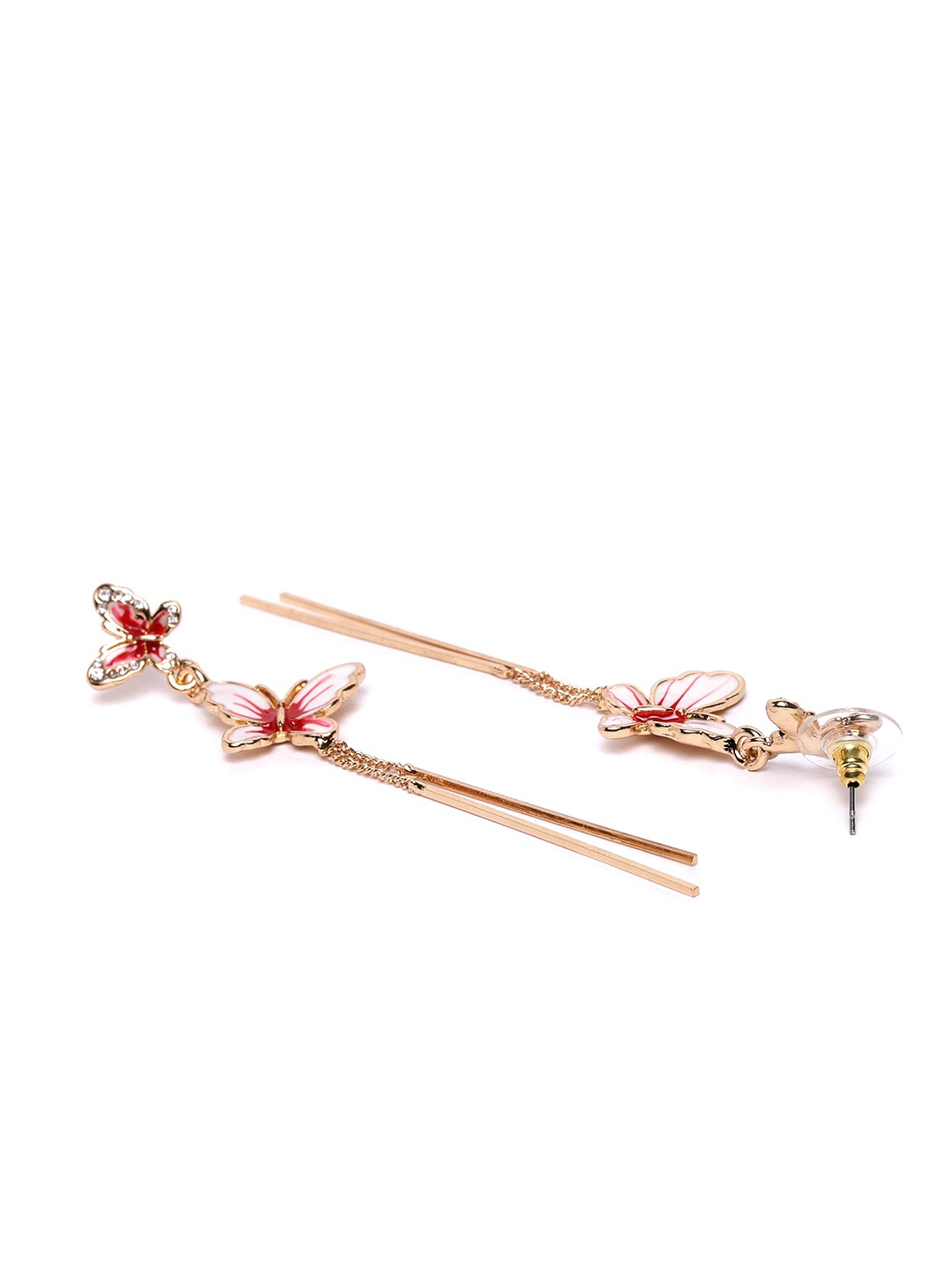 YouBella White  Red Gold-Plated Stone-Studded Enamelled Butterfly-Shaped Drop Earrings