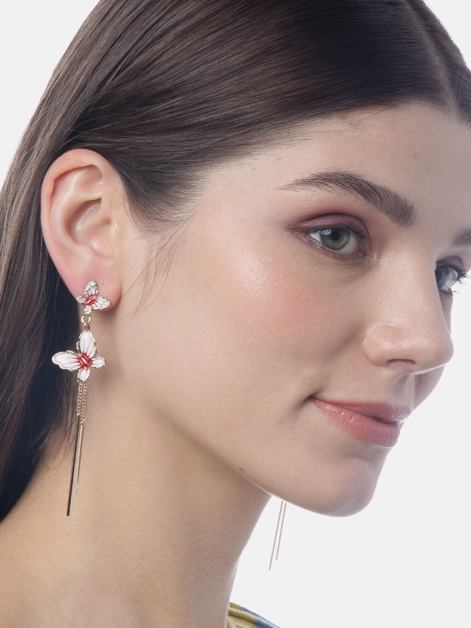 YouBella White  Red Gold-Plated Stone-Studded Enamelled Butterfly-Shaped Drop Earrings