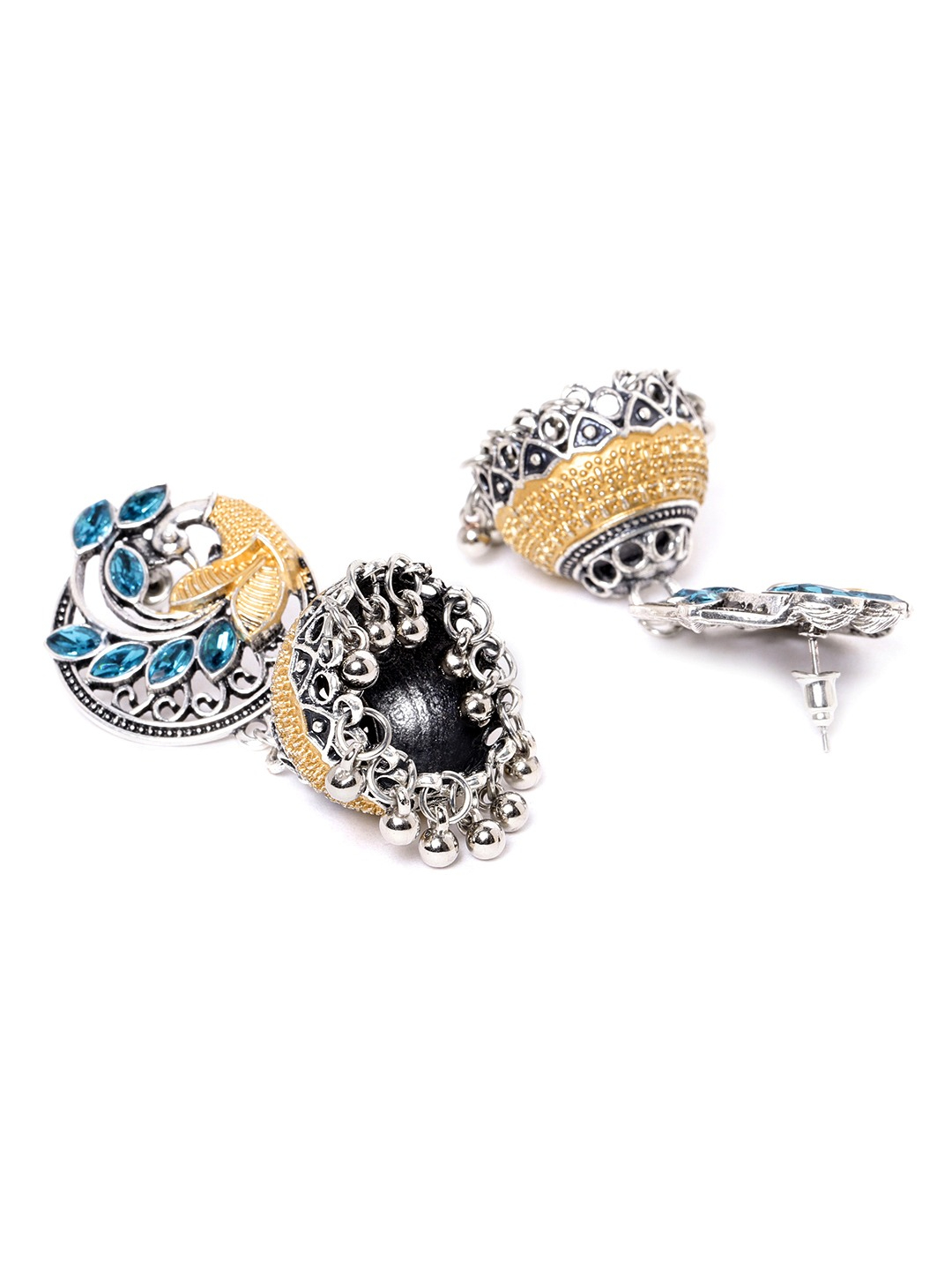 YouBella Blue  Gold-Toned Silver-Plated Stone Studded Peacock  Dome Shaped Jhumkas
