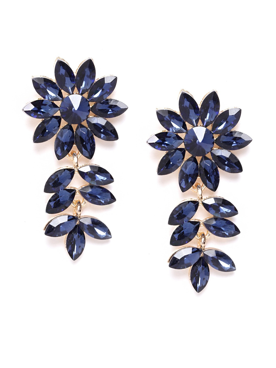 YouBella Navy Blue Gold-Plated Stone-Studded Floral Drop Earrings