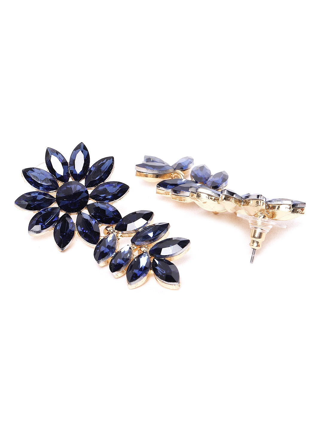 YouBella Navy Blue Gold-Plated Stone-Studded Floral Drop Earrings