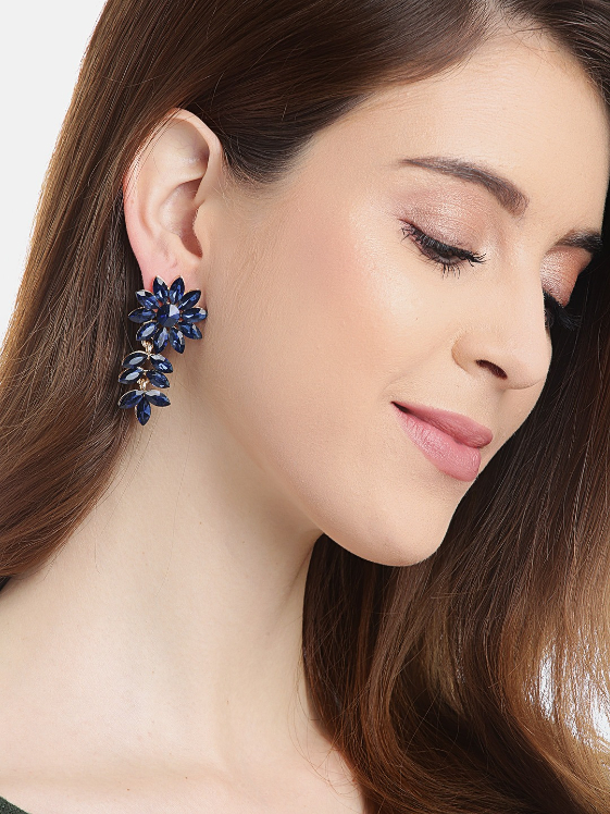 YouBella Navy Blue Gold-Plated Stone-Studded Floral Drop Earrings