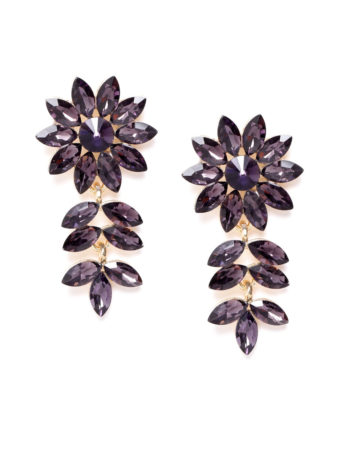 YouBella Purple Gold-Plated Stone-Studded Floral Drop Earrings