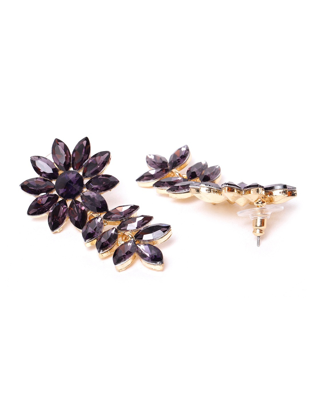 YouBella Purple Gold-Plated Stone-Studded Floral Drop Earrings