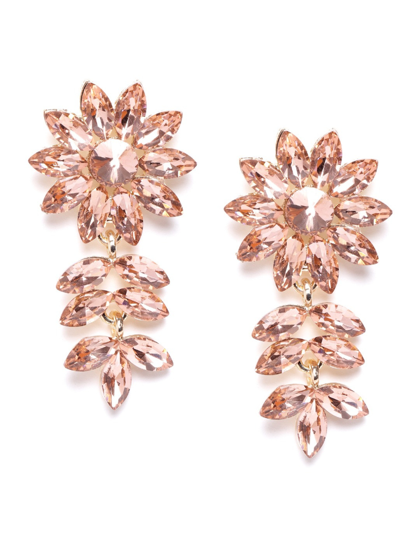 YouBella Peach-Coloured Gold-Plated Stone-Studded Floral Drop Earrings