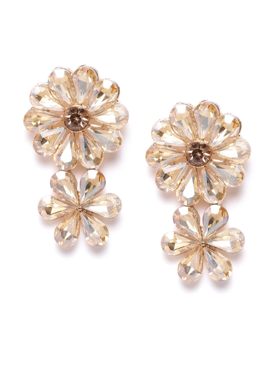 YouBella Peach-Coloured  Brown Gold-Plated Stone-Studded Floral Drop Earrings