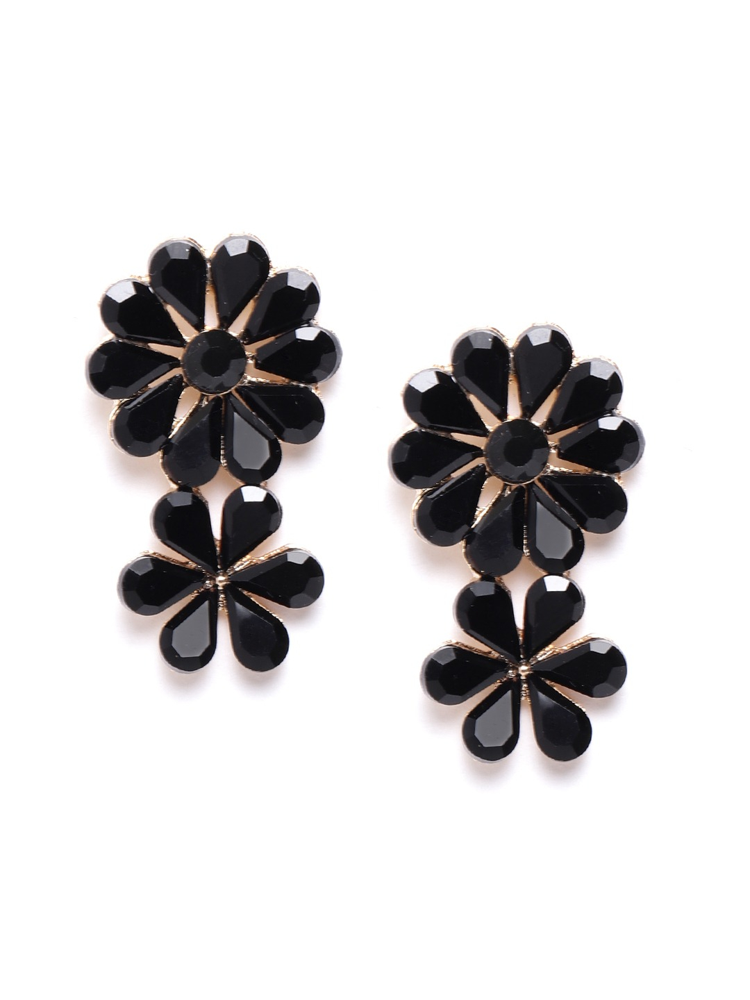 YouBella Black Gold-Plated Stone-Studded Floral Drop Earrings