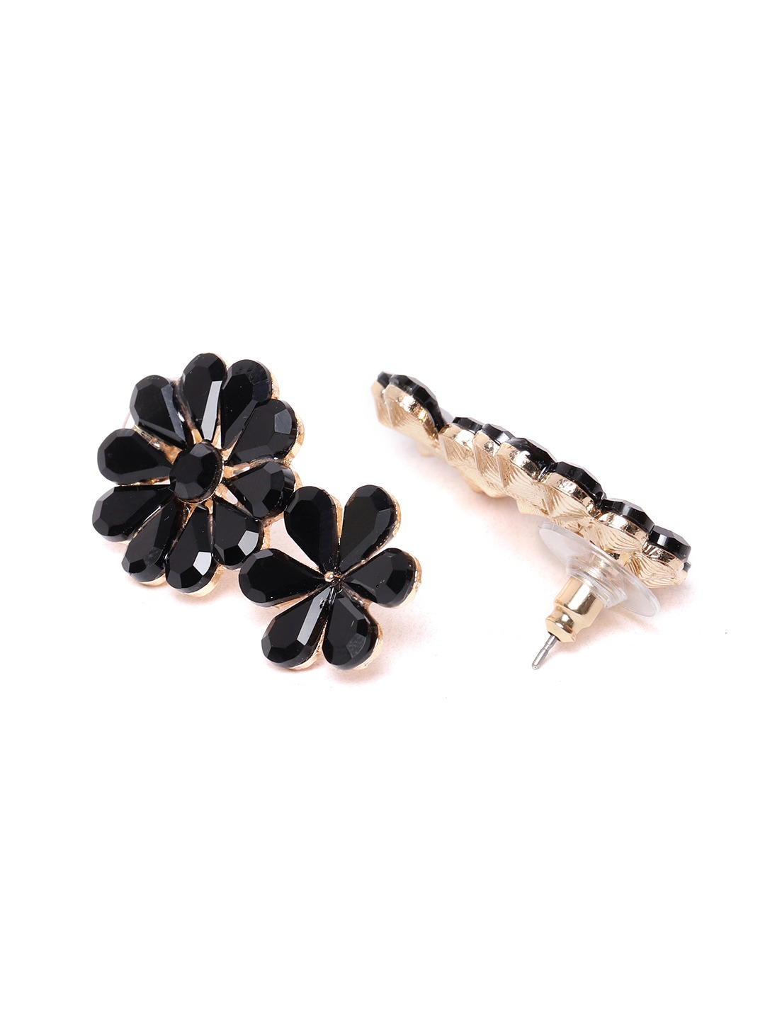 YouBella Black Gold-Plated Stone-Studded Floral Drop Earrings