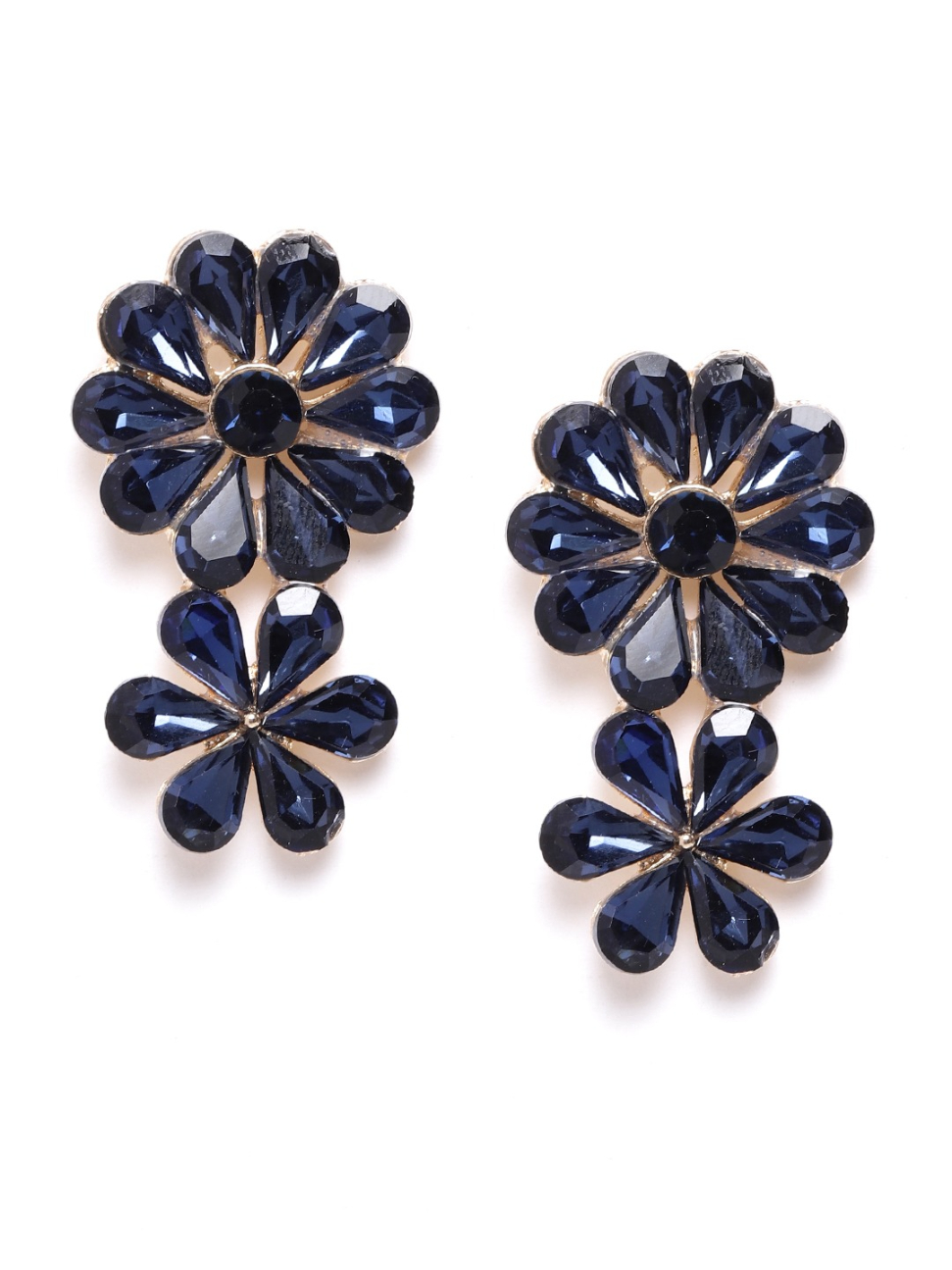 YouBella Navy Blue Gold-Plated Stone-Studded Floral Drop Earrings