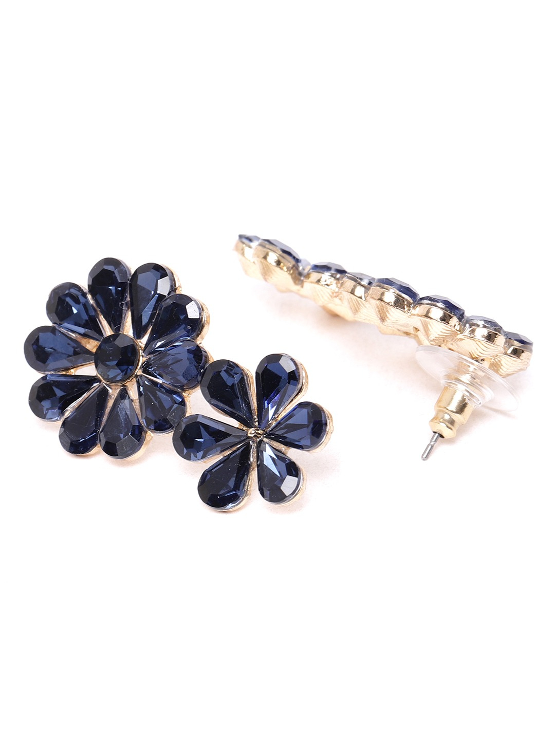 YouBella Navy Blue Gold-Plated Stone-Studded Floral Drop Earrings