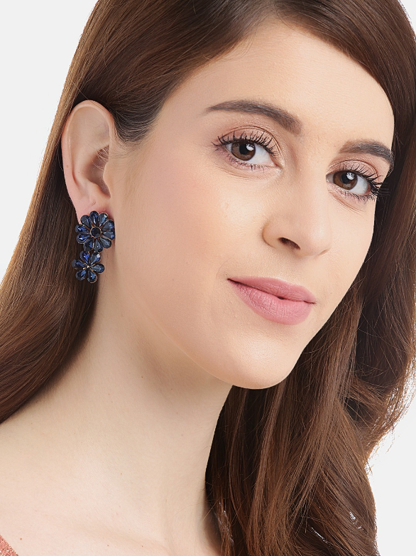 YouBella Navy Blue Gold-Plated Stone-Studded Floral Drop Earrings