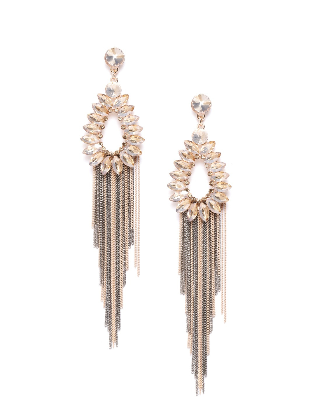 YouBella Peach-Coloured  Silver-Toned Stone Studded Teardrop Shaped Drop Earrings