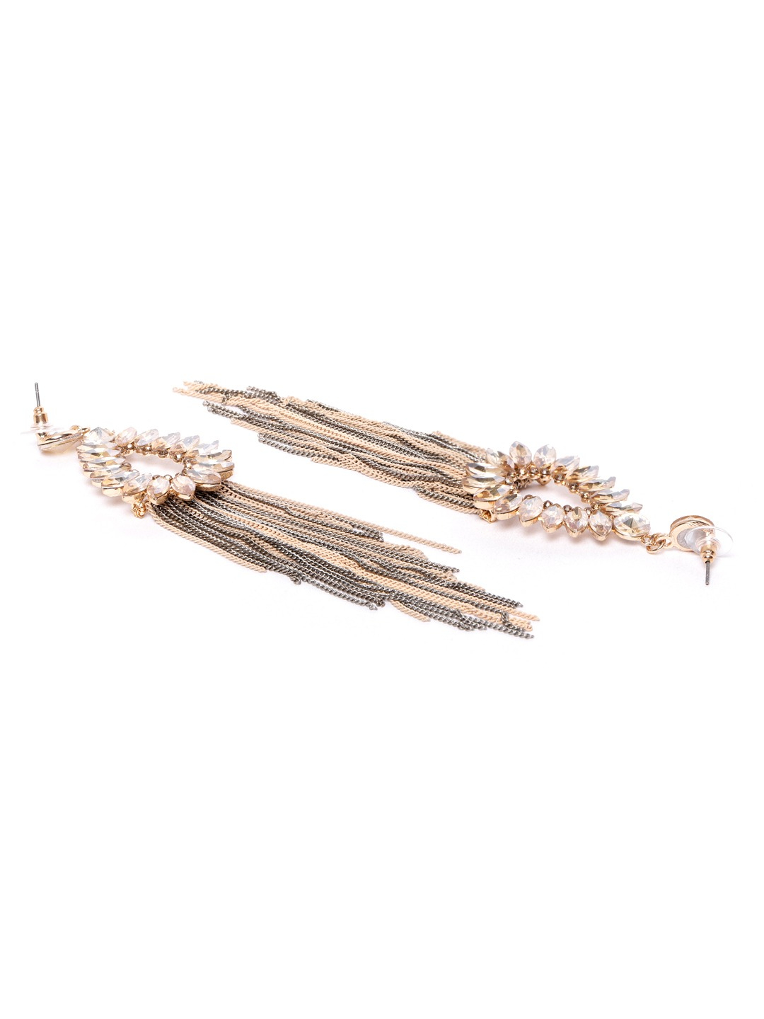 YouBella Peach-Coloured  Silver-Toned Stone Studded Teardrop Shaped Drop Earrings