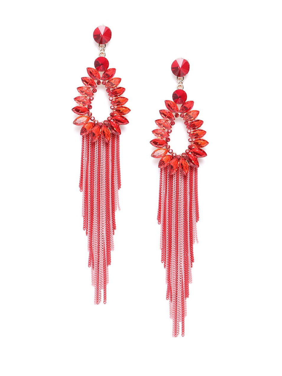 YouBella Red  Pink Teardrop Shaped  Tasselled Drop Earrings