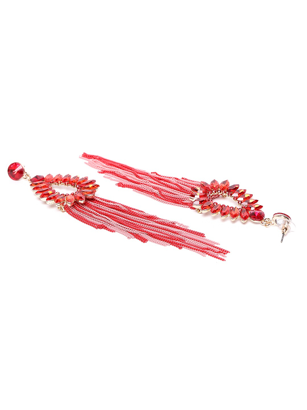 YouBella Red  Pink Teardrop Shaped  Tasselled Drop Earrings