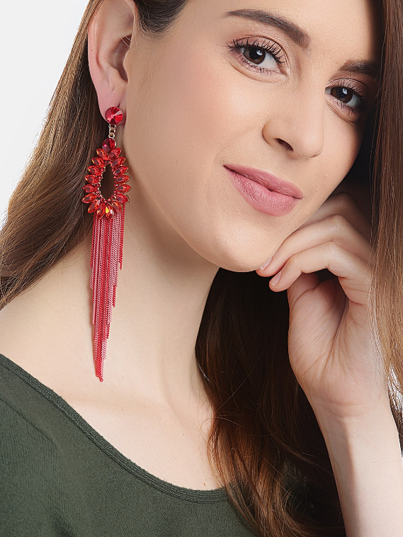YouBella Red  Pink Teardrop Shaped  Tasselled Drop Earrings
