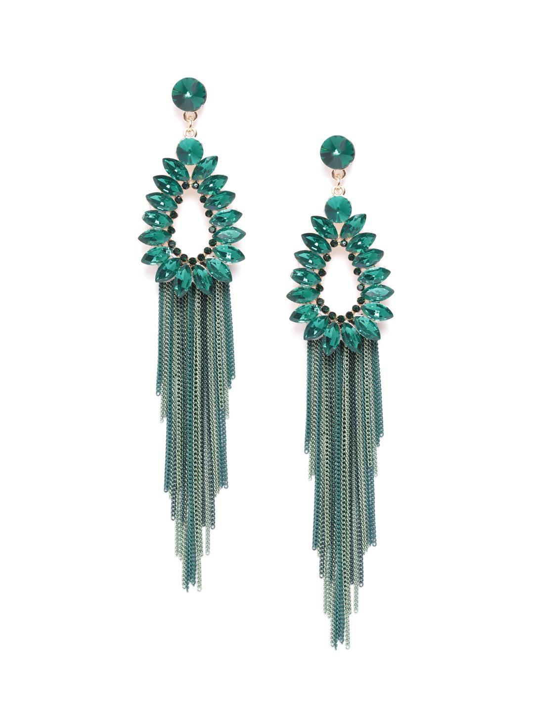 YouBella Green Stone-Studded Tasselled Teardrop Shaped Drop Earrings