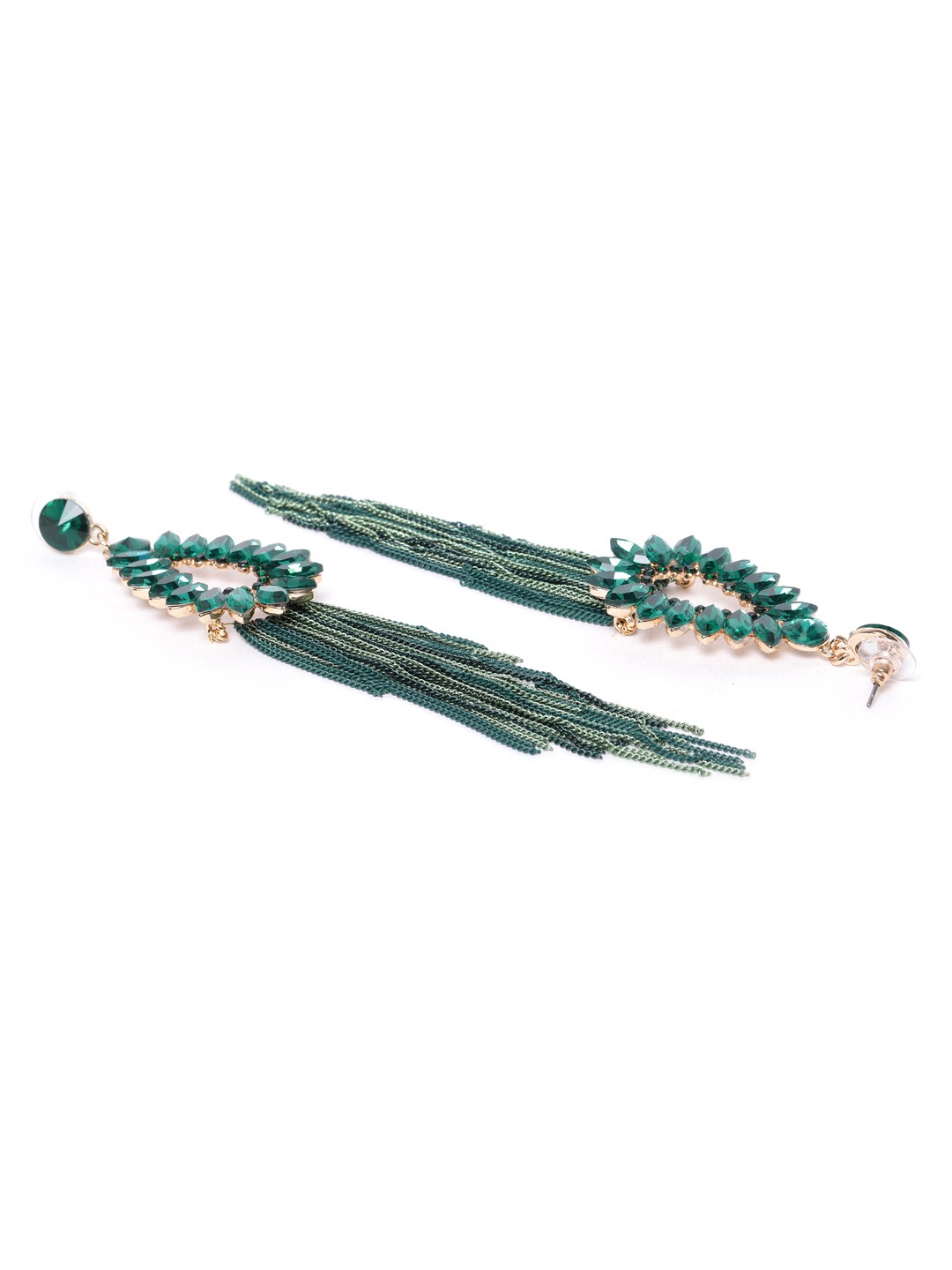 YouBella Green Stone-Studded Tasselled Teardrop Shaped Drop Earrings