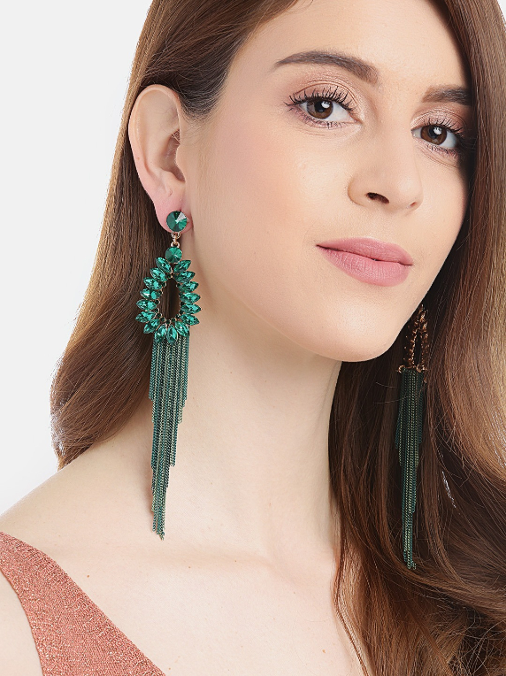 YouBella Green Stone-Studded Tasselled Teardrop Shaped Drop Earrings