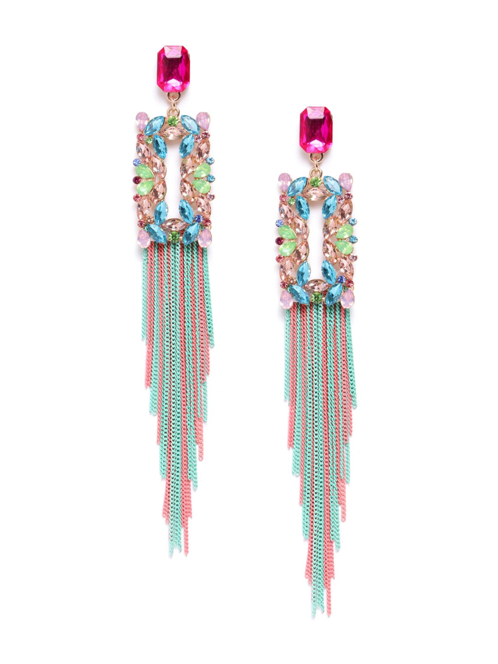 YouBella Multicoloured Stone-Studded Tasselled Geometric Drop Earrings