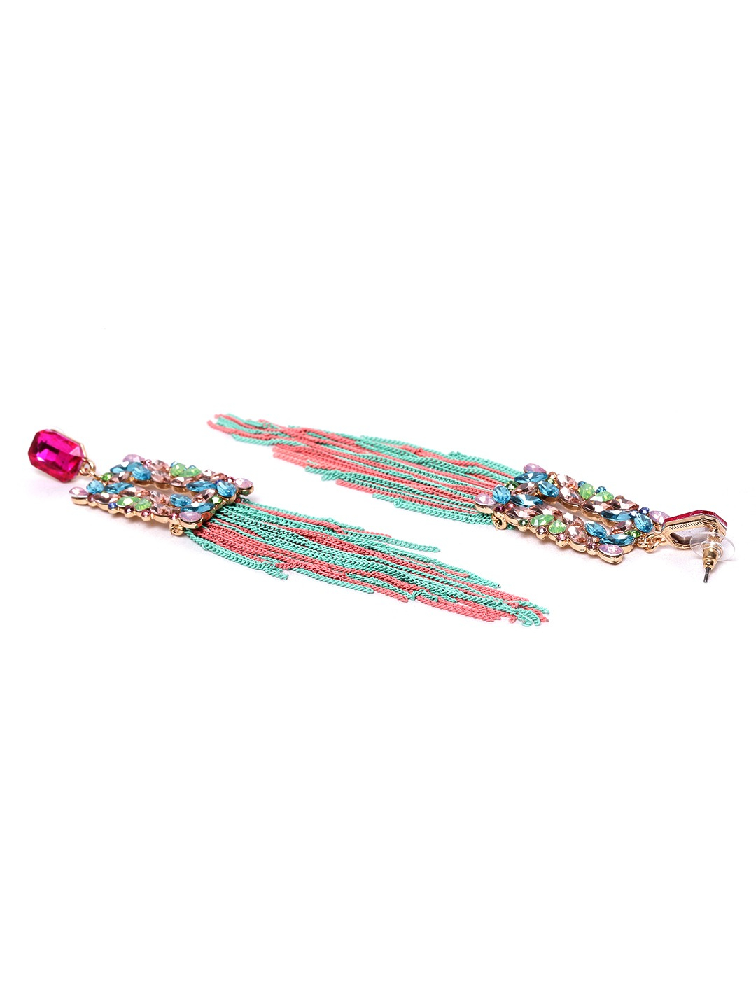 YouBella Multicoloured Stone-Studded Tasselled Geometric Drop Earrings