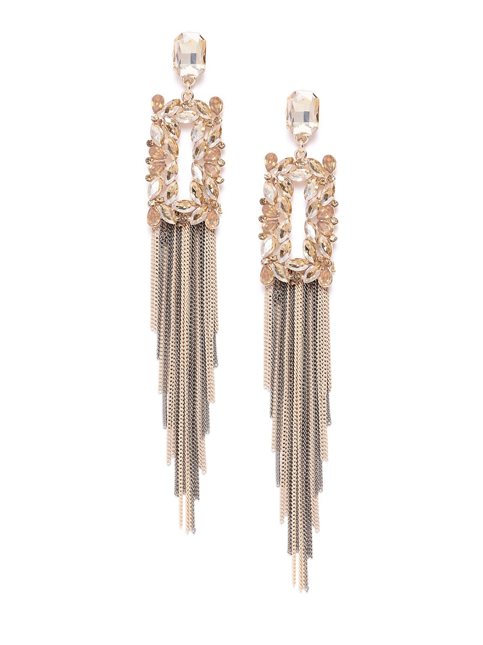 YouBella Brown  Silver-Toned Artificial Stone Studded Geometric  Tasselled Drop Earrings