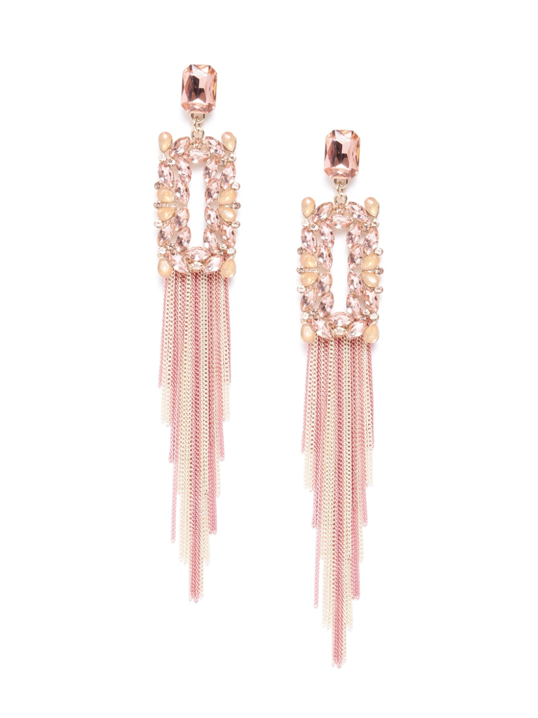 YouBella Peach-Coloured  Pink Stone-Studded Tasselled Geometric Drop Earrings