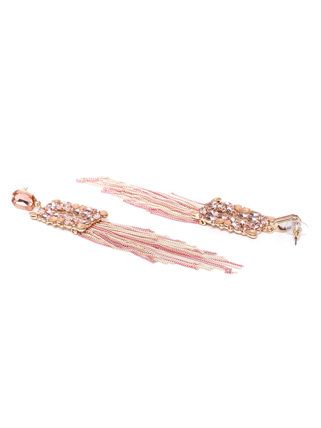 YouBella Peach-Coloured  Pink Stone-Studded Tasselled Geometric Drop Earrings