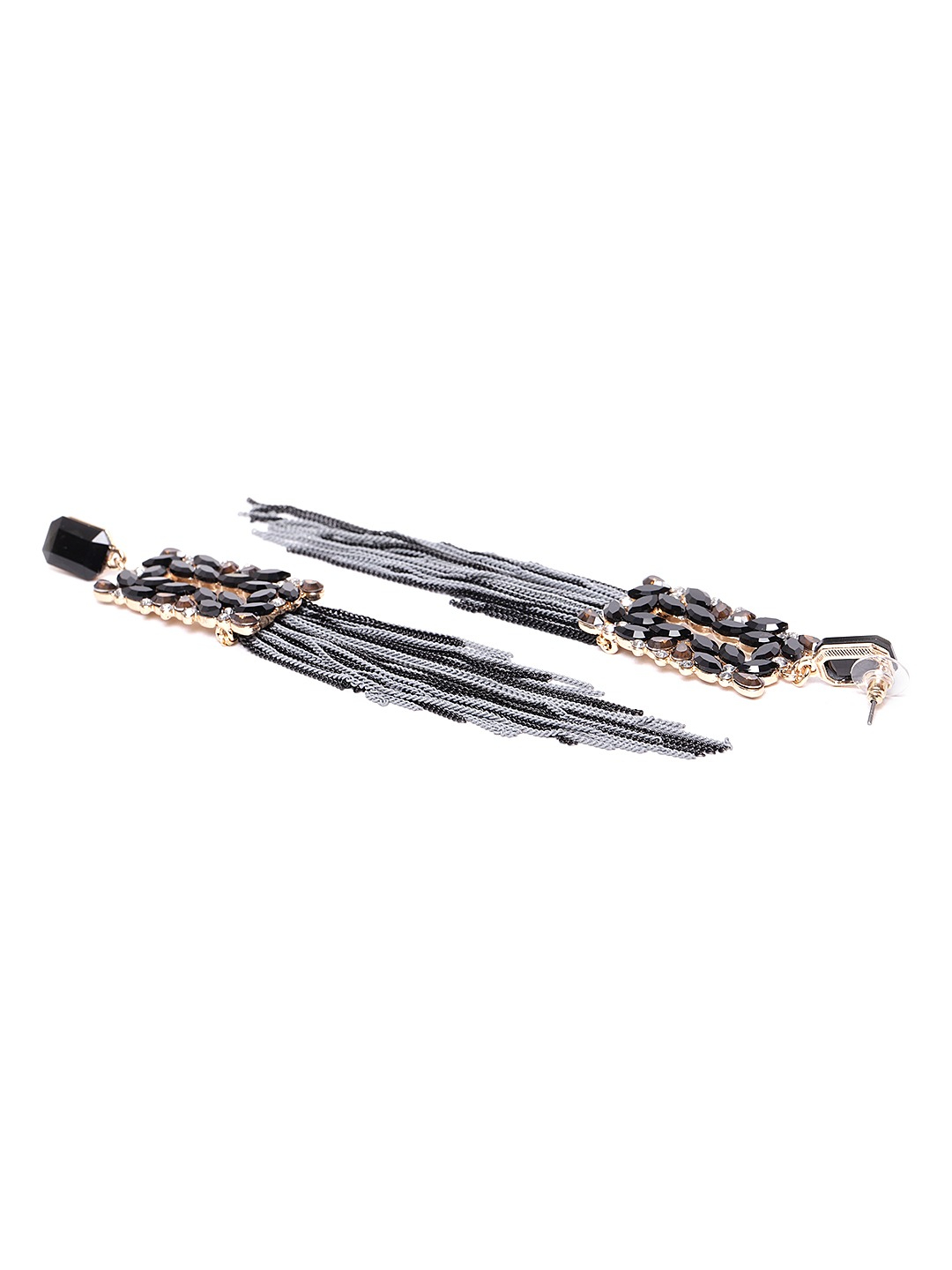 YouBella Black  Grey Artificial Stone Studded Tasselled Geometric Drop Earrings