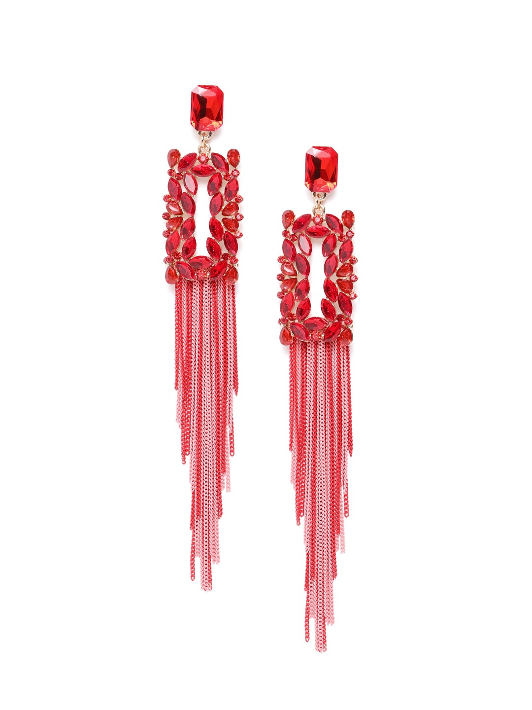 YouBella Red  Pink Stone-Studded Tasselled Geometric Drop Earrings