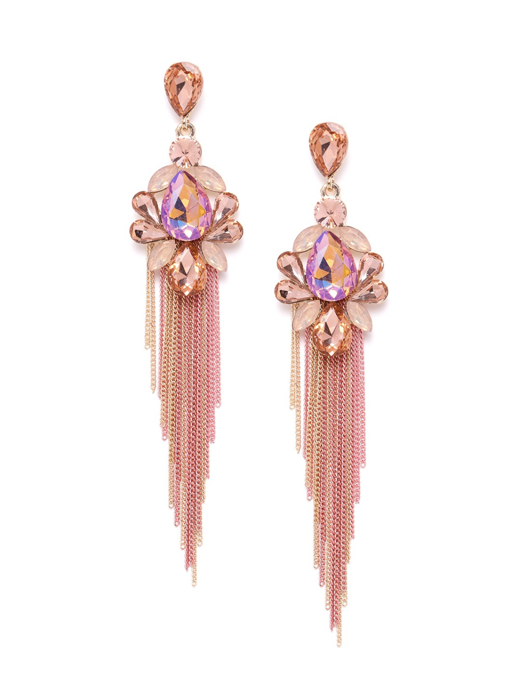 YouBella Peach-Coloured  Gold-Toned Stone Studded Teardrop Shaped Tasselled Drop Earrings