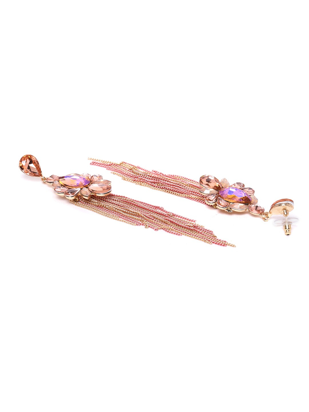 YouBella Peach-Coloured  Gold-Toned Stone Studded Teardrop Shaped Tasselled Drop Earrings