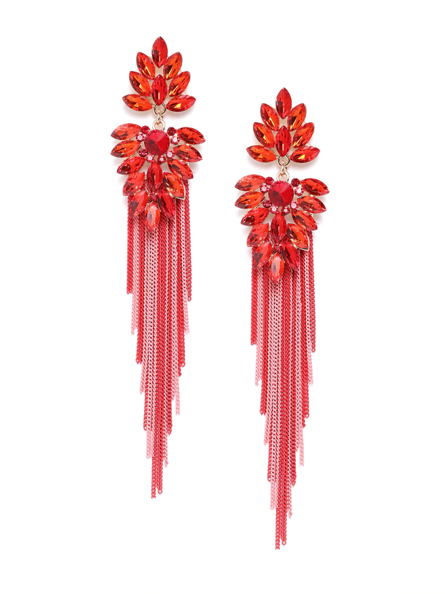 YouBella Red  Pink Stone Studded Taselled Contemporary Drop Earrings