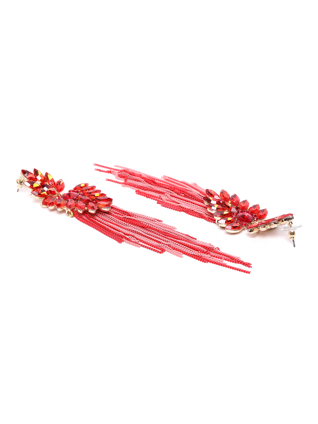 YouBella Red  Pink Stone Studded Taselled Contemporary Drop Earrings