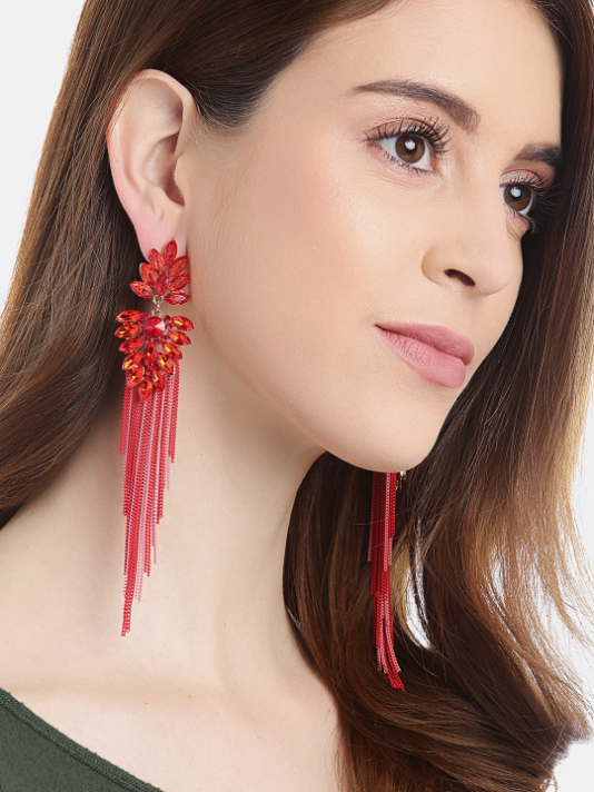 YouBella Red  Pink Stone Studded Taselled Contemporary Drop Earrings