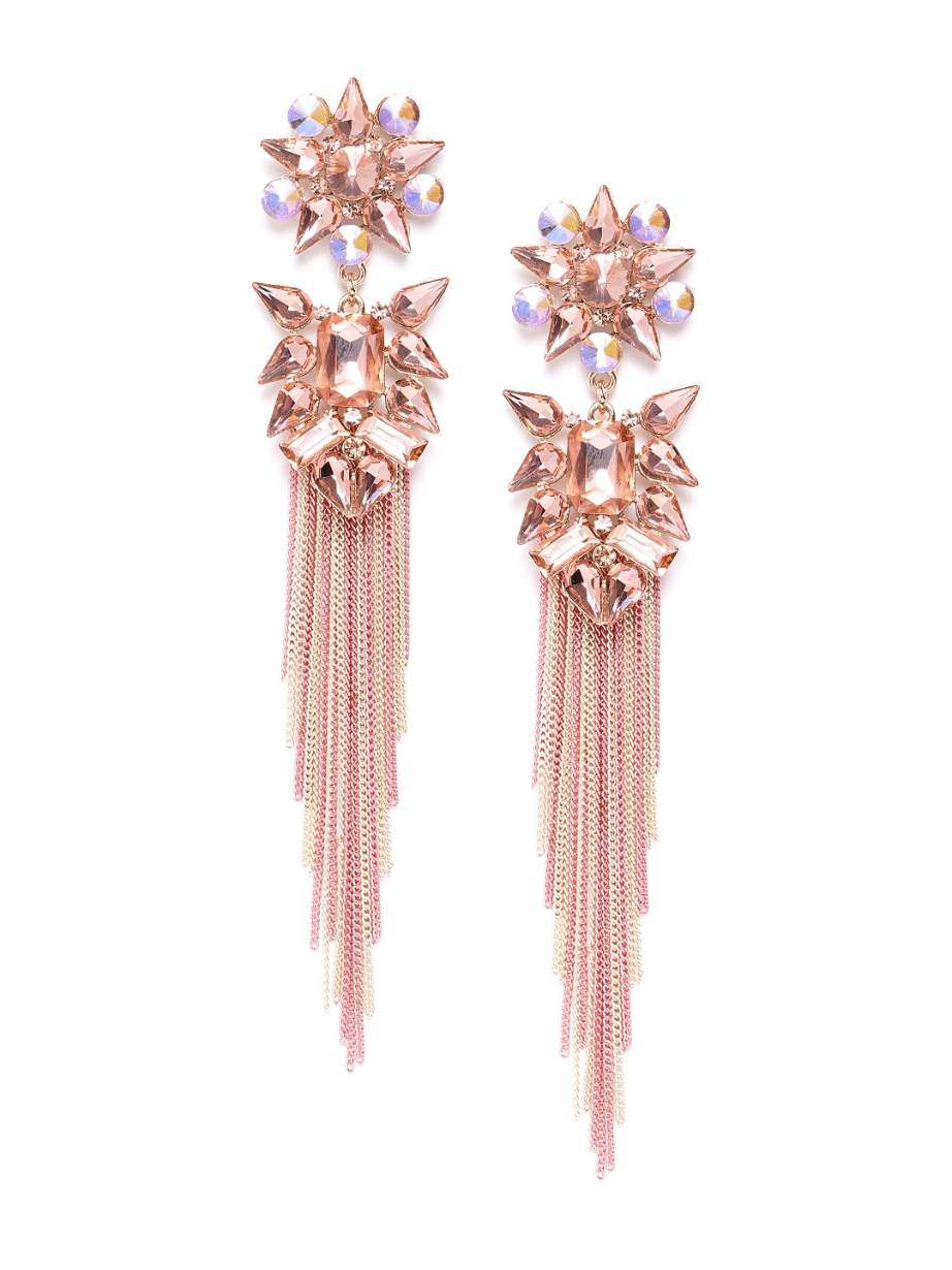 YouBella Peach-Coloured Stone Studded Taselled Floral Drop Earrings