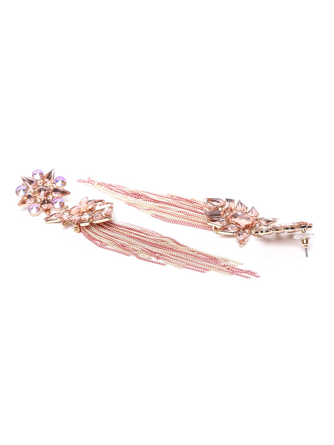 YouBella Peach-Coloured Stone Studded Taselled Floral Drop Earrings